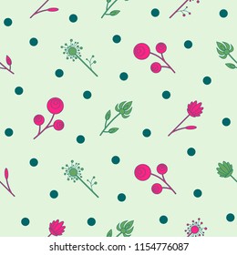 Seamless pattern of abstract green and crimson flowers and green dots on light green background