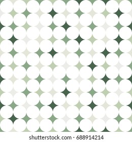 seamless pattern with abstract green elements (concave rhombuses) on white background (white circles)
