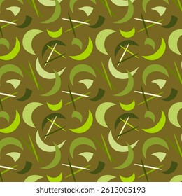 Seamless pattern of abstract green figures of various shapes and shades on a mustard background. Vector drawing for textiles, backgrounds, decor.