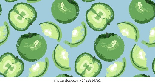 Seamless pattern with abstract green fruits apples and apple slices on o blue background . Stylized, creative vector hand drawn sketch. Shape apple textured print. Collage for designs, patterned