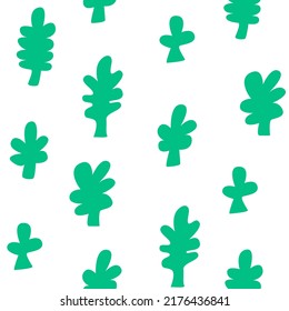 Seamless pattern with abstract green leaves. Naive art. Flat vector background. Abstract organic shapes