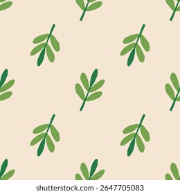 Patrón sin fisuras con hojas verdes abstractas. Diseño de planta simple en estilo mínimo sobre fondo suave