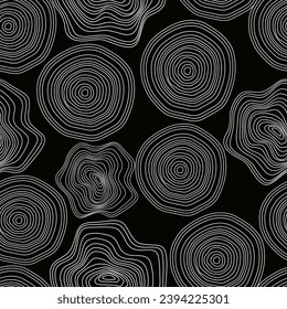 Seamless pattern of abstract growth rings of or topography map.Line design of a timber stump.Tree cut pattern.Wooden organic slice line creation.Vector topographic map concept.