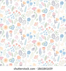 Seamless pattern of abstract hand draw flowers. Simply colorful flowers and floral elements isolated on white background. Delicate, Gentle, spring floral background.