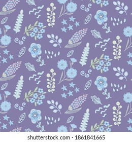 Seamless pattern of abstract hand draw flowers. Simply colorful flowers and floral elements isolated on white background. Delicate, Gentle, spring floral background.