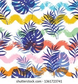 Seamless pattern with abstract hand drawn paint wave lines and tropical leaves. Vector illustration.