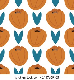 Seamless pattern with abstract hand drawn flowers and leaves on a white background. Vector design for wrapping paper, textile. 