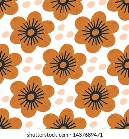 Seamless pattern with abstract hand drawn flowers and leaves on a white background. Vector design for wrapping paper, textile. 