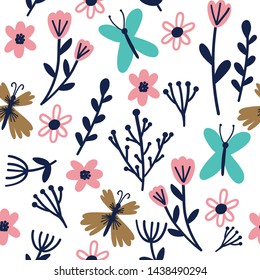 Seamless pattern with abstract hand drawn flowers and leaves on a white background. Vector design for wrapping paper, textile. 