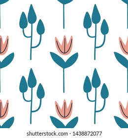 Seamless pattern with abstract hand drawn flowers and leaves on a white background. Vector design for wrapping paper, textile. 
