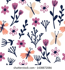 Seamless pattern with abstract hand drawn flowers and leaves on a white background. Vector design for wrapping paper, textile. 
