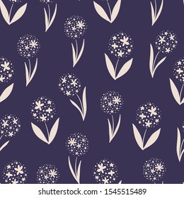 Seamless pattern with abstract hand drawn dandelions on a blue background. Vector illustration.