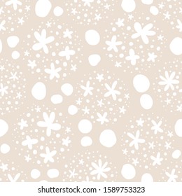 Seamless pattern with abstract hand drawn flowers and dots on a beige background. Vector background suitable for kitchen or bedroom textile.