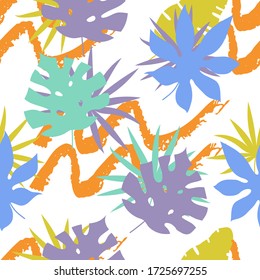 Seamless pattern with abstract hand drawn paint wave lines and tropical leaves. Botanical silhouette template on a modern colorful endless background. Vector illustration.
