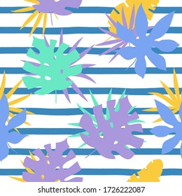 Seamless pattern with abstract hand drawn paint lines and tropical leaves. Vector illustration. Botanical silhouette template on a modern colorful geometrical background