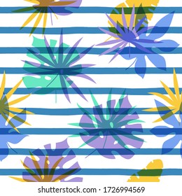 Seamless pattern with abstract hand drawn paint lines and tropical leaves. Vector illustration. Botanical silhouette template on a modern colorful geometrical background