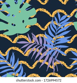 Seamless pattern with abstract hand drawn paint wave lines and tropical palm leaves. Botanical silhouette template on a modern colorful endless background. Vector illustration.