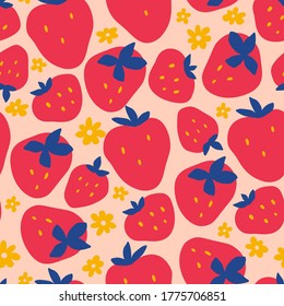 Seamless pattern of abstract hand drawn strawberries and flowers on pink background. Summer fruits background in vector. Great for kids fabric, home textiles.