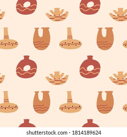 Seamless pattern with abstract hand drawn terracotta vases  in pastel colors on beige backgroud. Collection of contemporary art. Abstract geometrical design for  textile, wrapping, backdrop. 