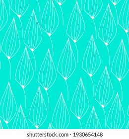 Seamless pattern with abstract hand drawn vector leaves (physalis),modern ornament,vertical print for wrapping paper,interior design or wallpaper,botanical motif on turquoise background