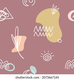 Seamless pattern with abstract hand drawn doodle various shapes, lines, branch, leavers, spots, curves. Contemporary modern trendy vector illustrations for print, wallpaper, wrapping paper, textile.