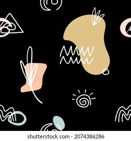 Seamless pattern with abstract hand drawn doodle various shapes, lines, branch, leavers, spots, curves. Contemporary modern trendy vector illustrations for print, wallpaper, wrapping paper, textile.