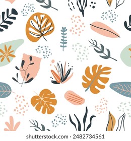 Seamless pattern abstract hand drawn floral shapes. Simple organic forms. Modern art simple elements. Trendy graphic plant doodles. Minimalist textured decorations. Vector eps 10