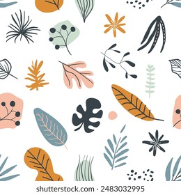 Seamless pattern abstract hand drawn floral shapes. Simple organic forms. Modern art simple elements. Trendy graphic plant doodles. Minimalist textured decorations. Vector eps 10