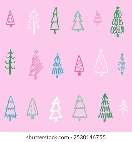 Seamless pattern with abstract hand drawn Christmas trees on pink background. Marker doodle sketch of different colorful trees in vector. Illustration for web or print