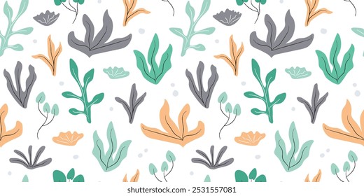 Patrón sin fisuras con plantas abstractas dibujadas a mano. Estampado de hojas. Gráficos de Vector.