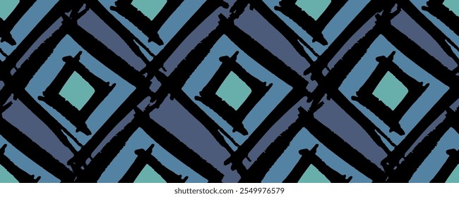Seamless pattern, abstract, hand drawn with texture. Blue colors, interesting ornament. Vector, isolated.