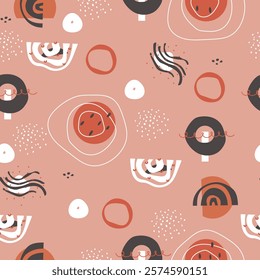 Seamless pattern with abstract hand drawn line, figure, spots and dots. Vector illustration.