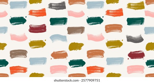 Seamless pattern abstract hand drawn brush stroke painting. Colorful paint line background in fun summer color. Messy vector graffiti sketch wallpaper print, grunge, freehand rough hand drawn texture.