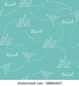 Seamless pattern with abstract hand drawn geometric shapes of planes and mountains. Vector line art illustration.