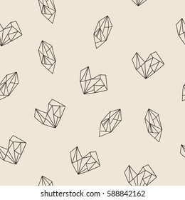 Seamless pattern with abstract hand drawn geometric shapes of hearts and gemstones. Vector line art illustration.