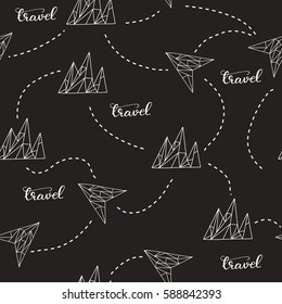 Seamless pattern with abstract hand drawn geometric shapes of planes and mountains. Vector line art illustration.