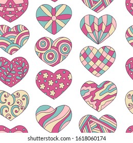 Seamless pattern of abstract hand-drawn hearts with Doodle patterns on white background, cover design, notebooks, textiles