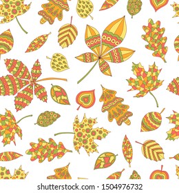 Seamless pattern of abstract hand-drawn and painted autumn leaves on white background