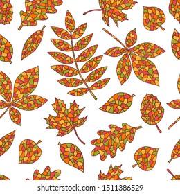Seamless pattern of abstract hand-drawn and painted autumn leaves on white background