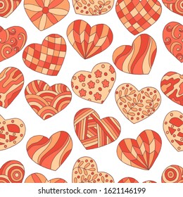 Seamless pattern of abstract hand-drawn red hearts with doodle patterns on white background, cover design, notebooks, textiles, for Valentine's day