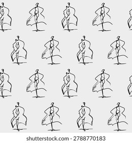 Seamless pattern with abstract hand-drawn sketches of cello musicians. Expressive black line art on light background. Ideal for music-themed prints, posters, packaging and textile.