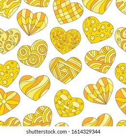 Seamless pattern of abstract hand-drawn yellow hearts with doodle patterns on white background, cover design, notebooks, textiles, for Valentine's day