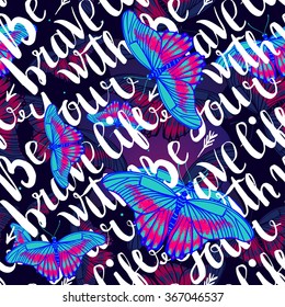 Seamless pattern with abstract handwriting modern ink text and butterflies