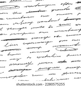 Seamless pattern with abstract handwritten text. Vector cursive lettering. Unreadable text wallpaper. Poetry seamless pattern written by a pen. Monochrome script background with unreadable words.