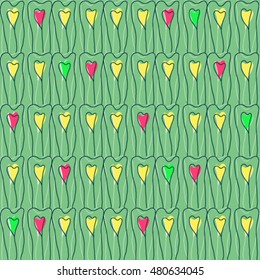 Seamless pattern of abstract heart on a green background. Vector illustration