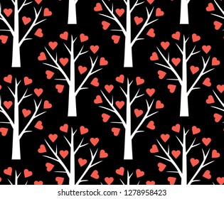 Seamless pattern with Abstract heart tree. Valentine tree with hearts. isolated on Black backgrounds