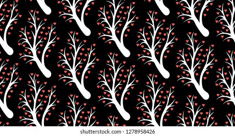 Seamless pattern with Abstract heart tree. Valentine tree with hearts. isolated on Black backgrounds
