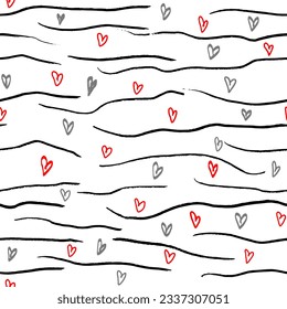 Seamless pattern with abstract hearts and lines. Hand drawn ink print for fabric, textiles, wrapping paper. Vector illustration