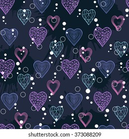 Patrón sin fisuras con corazones abstractos sobre fondo de tinta de manchas para el sitio de la página de Web. Feliz Día de San Valentín. Página de Web del sitio de fondo de Festiva, blog de mujer
