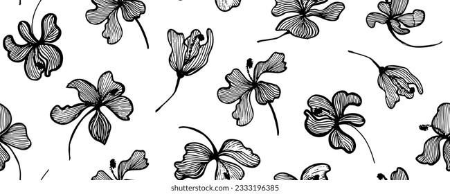 Patrón sin foco con flores abstractas de hibisco. Impresión natural de vectores. Textura monocroma de contraste repetitivo. Simple huella hawaiana.